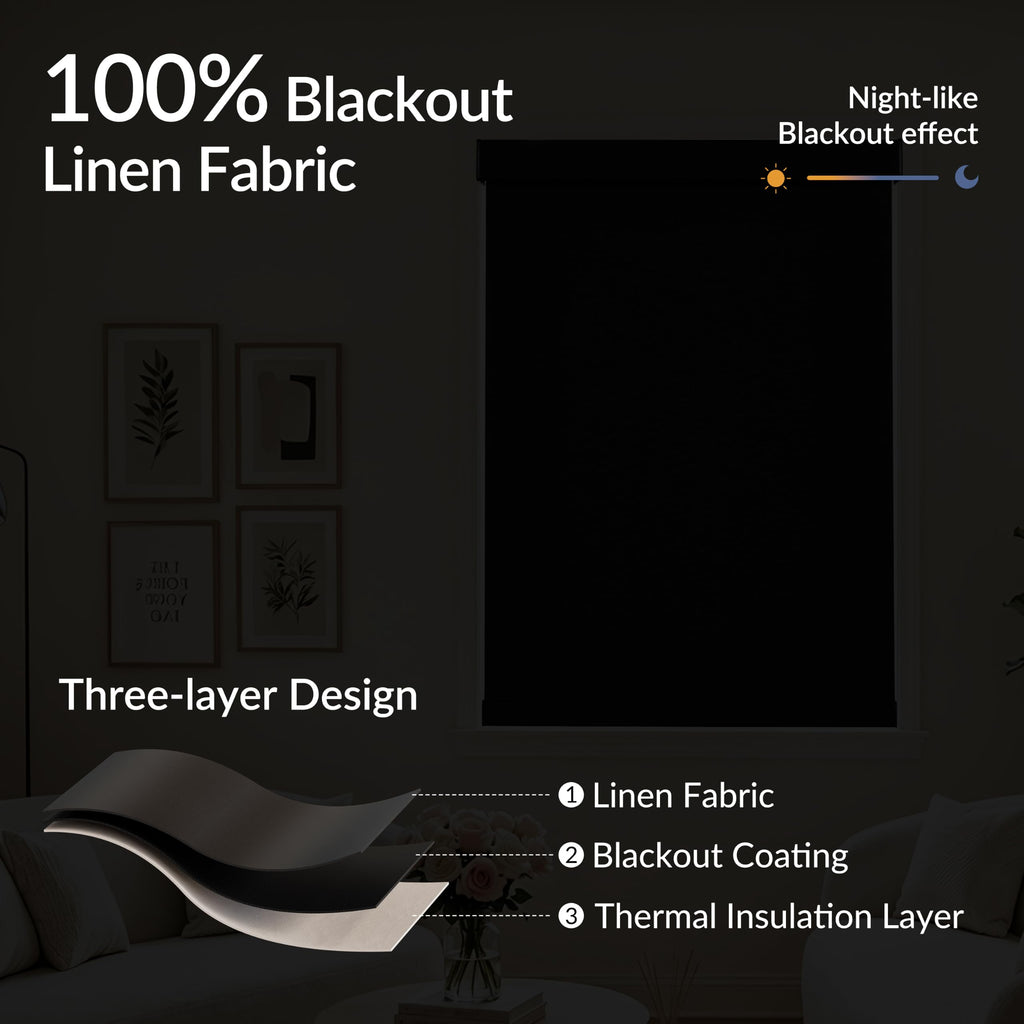 Blackout Linen Roller Shades for Windows, Black