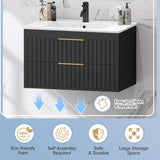 30" Floating Bathroom Vanity with Sink - Wall Mounted Vanity Cabinet with 2 Drawers & Gold Handles, Black