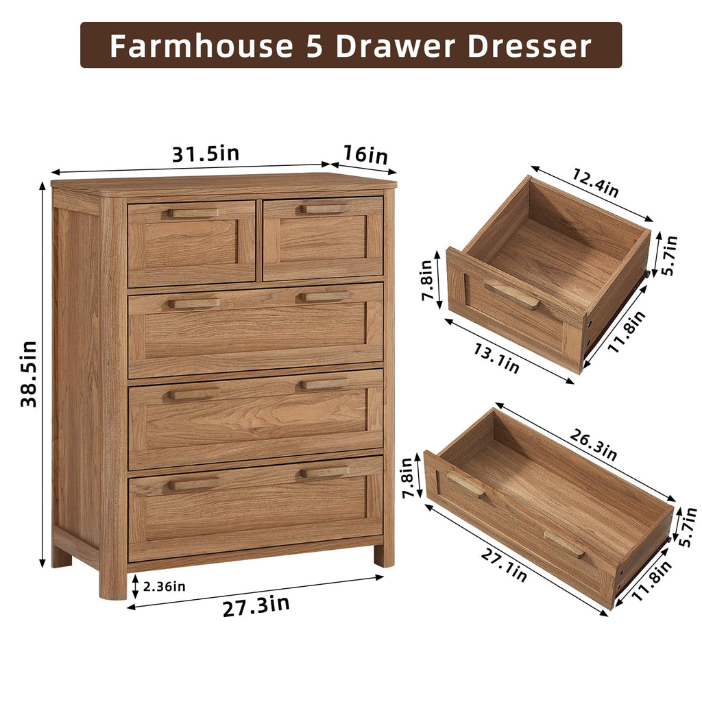 Farmhouse 5 Drawer Dressers, Brown
