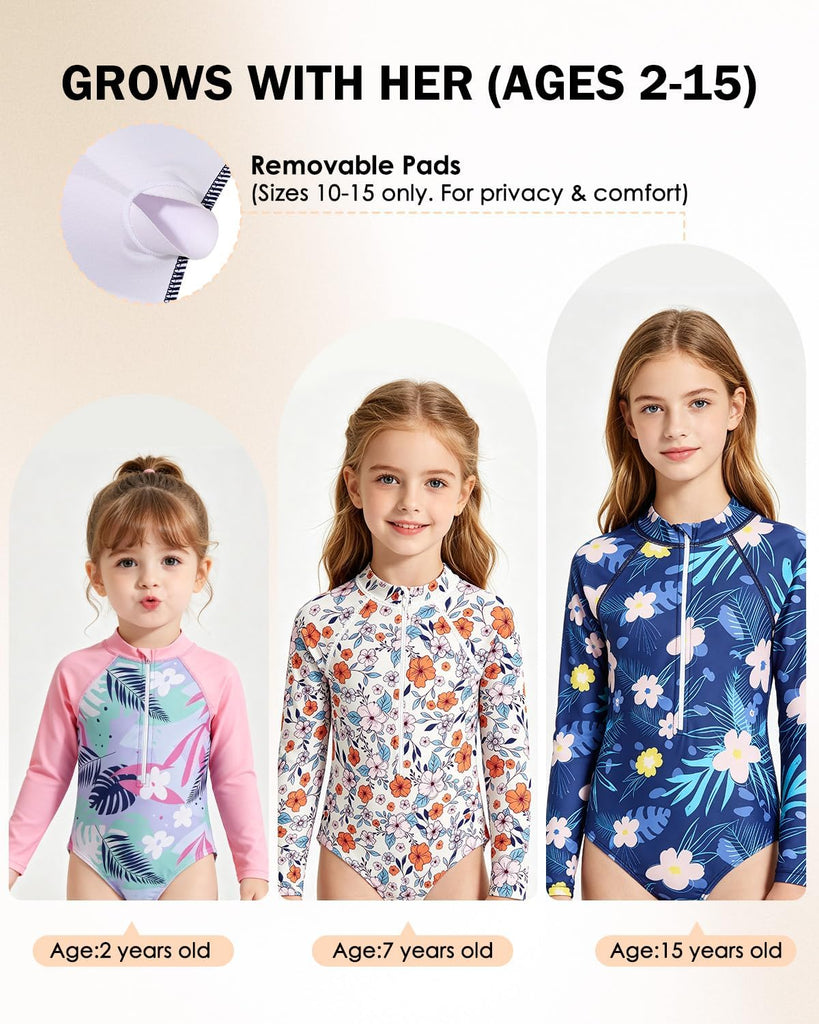 Girls Long Sleeve Swimsuit Rash Guard One Piece Zip