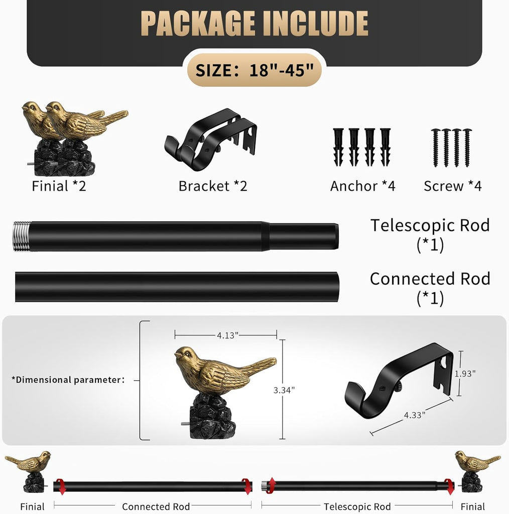 Vintage Black Curtain Rod Curtain Rods for Windows Adjustable Heavy Duty Drapery Rod with Gold Bird