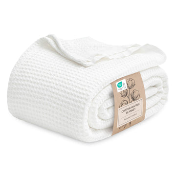 100% Cotton Blanket, Waffle Weave, White, 90"x90"