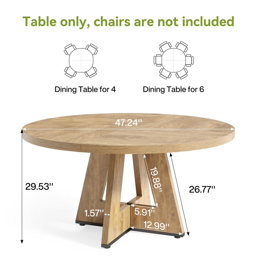 Round Dining Table for 4-6 People, 47 Inches Dining Room Table with Wooden Pedestal Base, Circle Kitchen Tables, Oak
