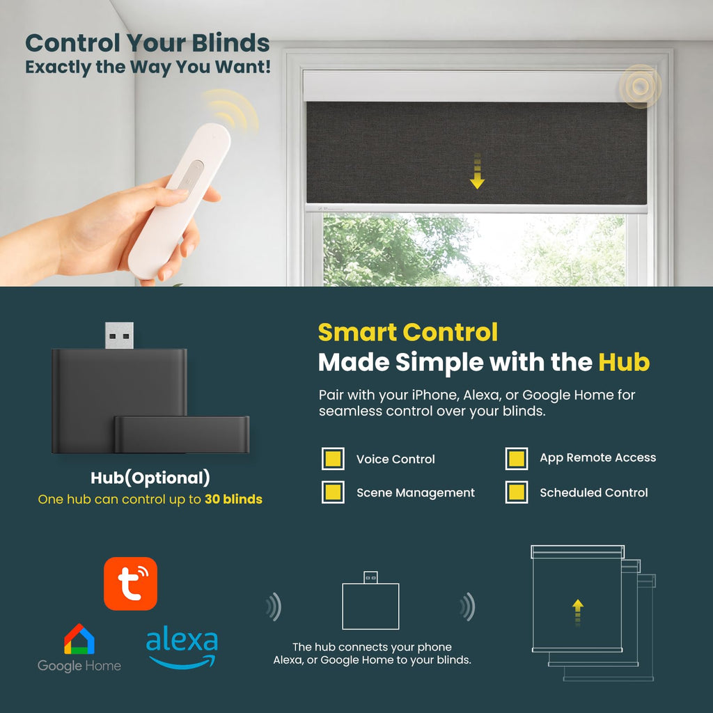 Motorized Blinds - No Drill Automatic Cordless Roller Shades Electric Smart Blinds with Remote Control (Black, 34 x