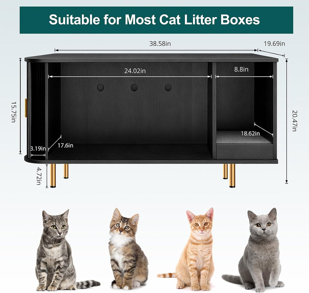 Cat Litter Box Enclosure with Scratch Pad, Sliding Door, 38.5" Cat Litter Furniture Hidden Litter Box Cabinet, Modern