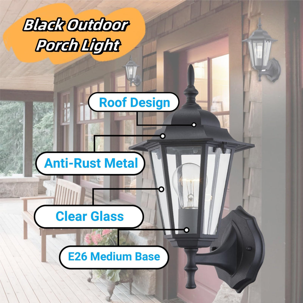 2 Pack Outdoor Wall Light, Black Wall Sconce Porch Lighting Fixture, E26 Base 60W Max, Metal Housing Plus Glass, Wet