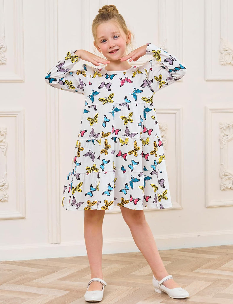 Girl's Dresses Cotton Ruffle Sleeve Tiered Swing A-Line Cute Midi Casual Sundress