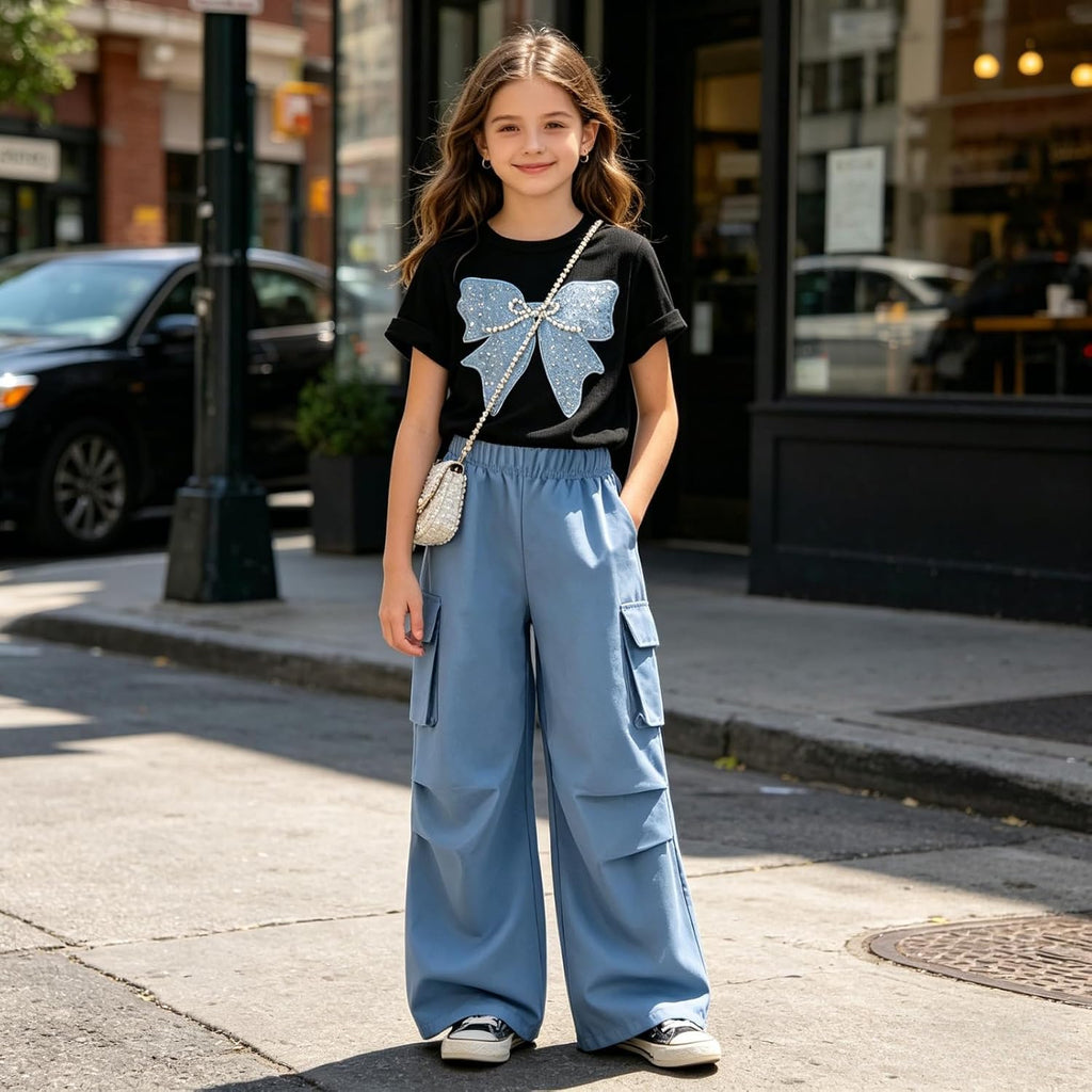 Clothes 2 Piece Cute Butterfly Print T-Shirt Tops & Cargo Pants Spring Summer Outfits Teen Tween Girls