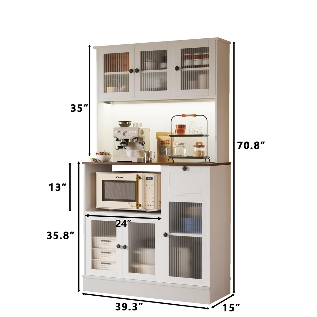71" Kitchen Hutch Cabinet, White and Walnut Tabletop
