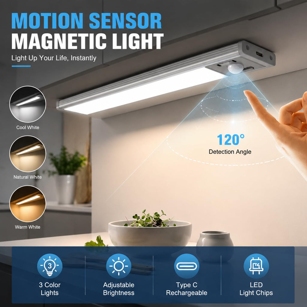 6Pack Aluminum Under Cabinet Lighting, 10inch Rechargeable Ultra-Thin Magnetic Motion Sensor Closet Lights, 3 Colors