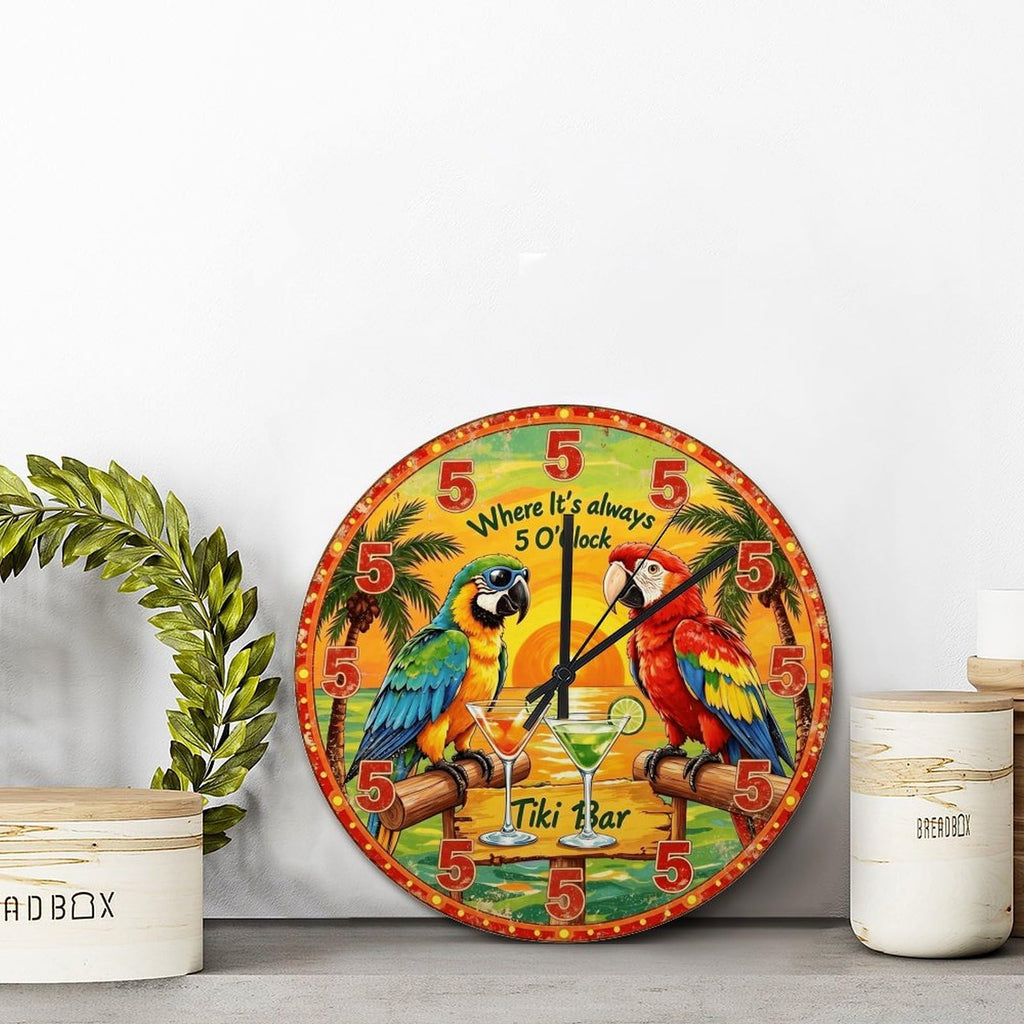 Parrot Retired Wall Clock Tiki Bar Always 5 O'clock 15 Inch Round Wall Clocks Battery Operated Silent Non-Ticking