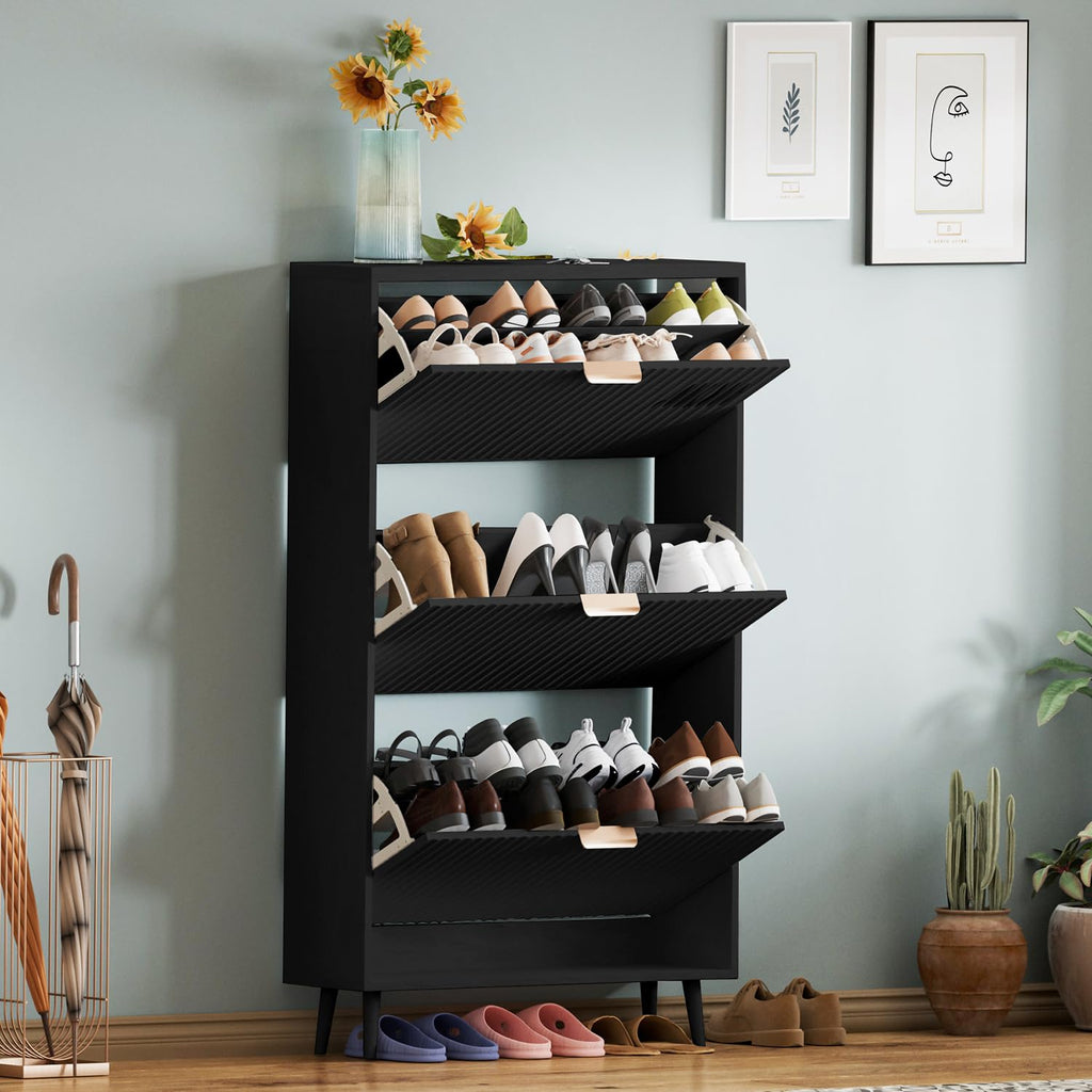 Shoe Cabinet Storage, Modern Freestanding Organizer with 3 Flip Drawers, Narrow Shoe Rack Cabinet, Black