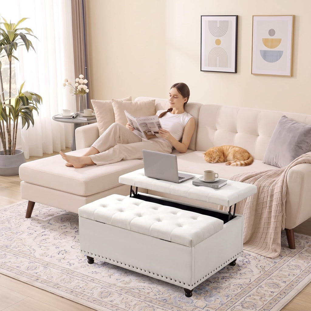 35.5 Inch Large Square Ottoman with Storage, Lift Top, Beige