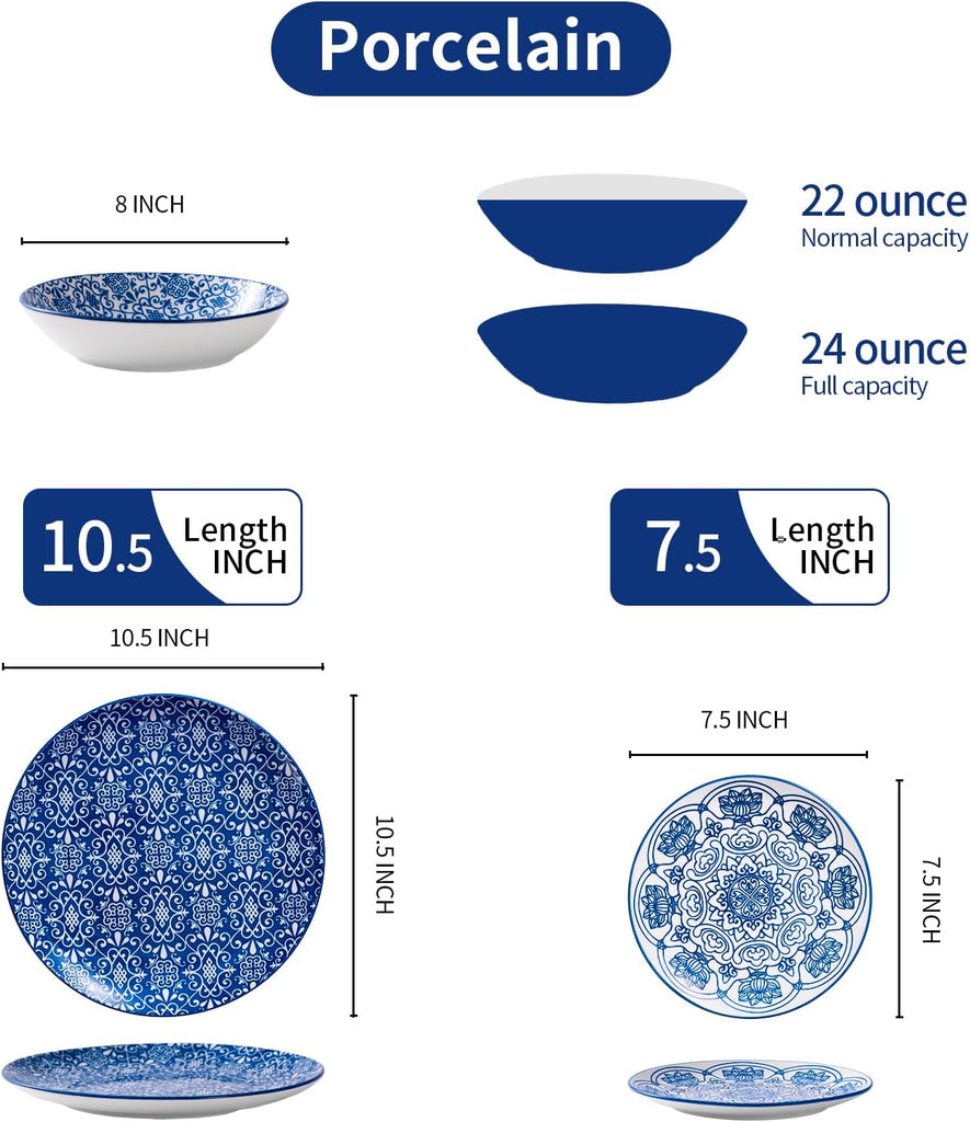 Porcelain Dinnerware Sets Service for 4, 12 pcs Hand drawn Plates and Bowls Sets, Handmade Ceramic Dish Set