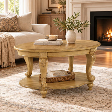 Round Coffee Table, 42" Oval Coffee Table with Storage, Victorian Center Table with Carved Legs, 2-Tier Cocktail