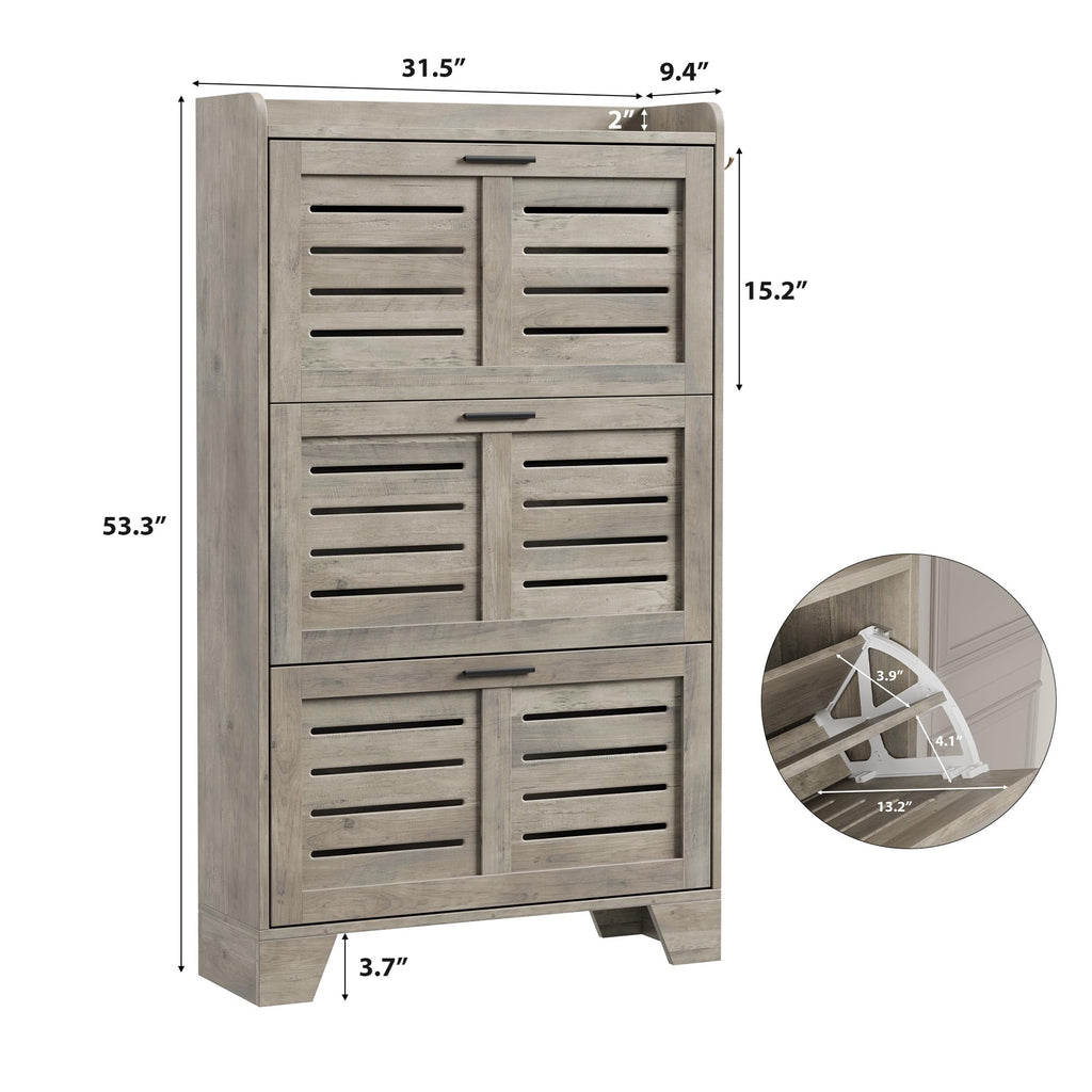 Shoe Storage Cabinet with 3 Flip Drawers, Freestanding Shoe Organizer Storage with 2 Side Hooks, Farmhouse Hidden