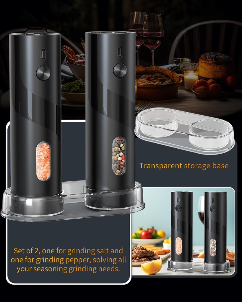 Rechargeable Electric Salt and Pepper Grinder Set with Base, Automatic Pepper Mill Grinders with 110ml Container