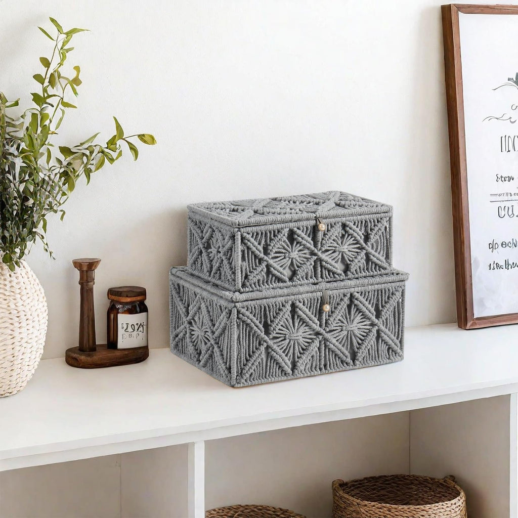2PCS Decorative Boho Storage Basket with Lid Natural Macrame Box