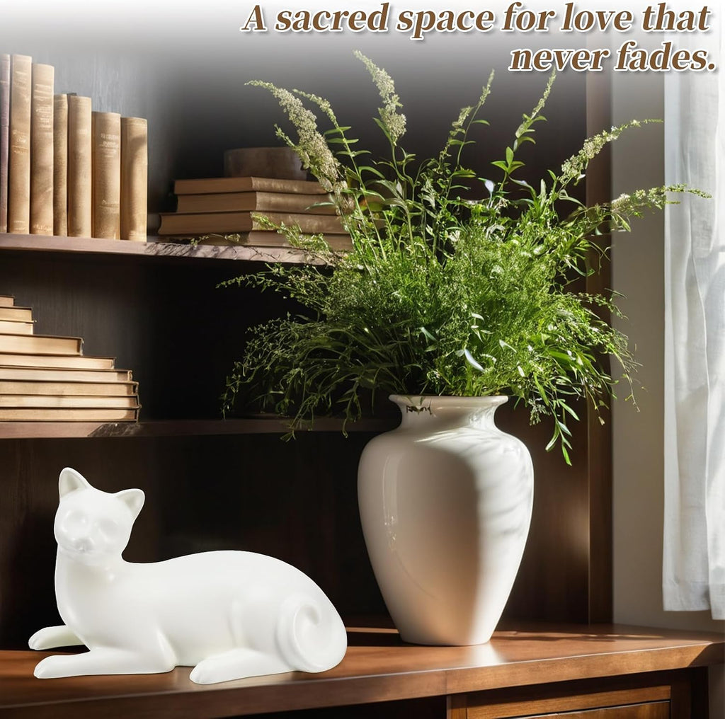 Lying Cat Urns for Ashes White Ceramic Pet Memorial Cremation, White