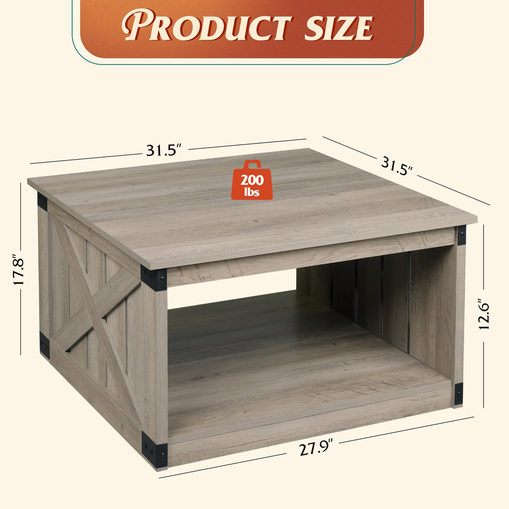 Coffee Table, Farmhouse Coffee Table with Open Storage, 31.5" Wood Square Living Room Tables, Rustic Dining Cocktail