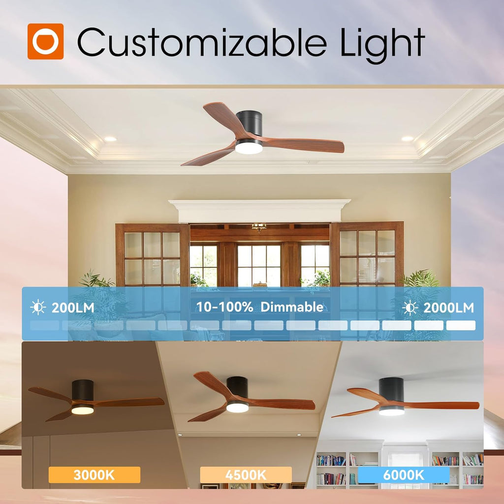52 inch Ceiling Fans with Lights, Low Profile Ceiling Fan with Light and Remote Control, Flush Mount, Reversible, 3 Wood Blades, 5CCT Dimmable, Black Walnut Ceiling Fan for Indoor/Outdoor Use A103-B0DY7PBF41
