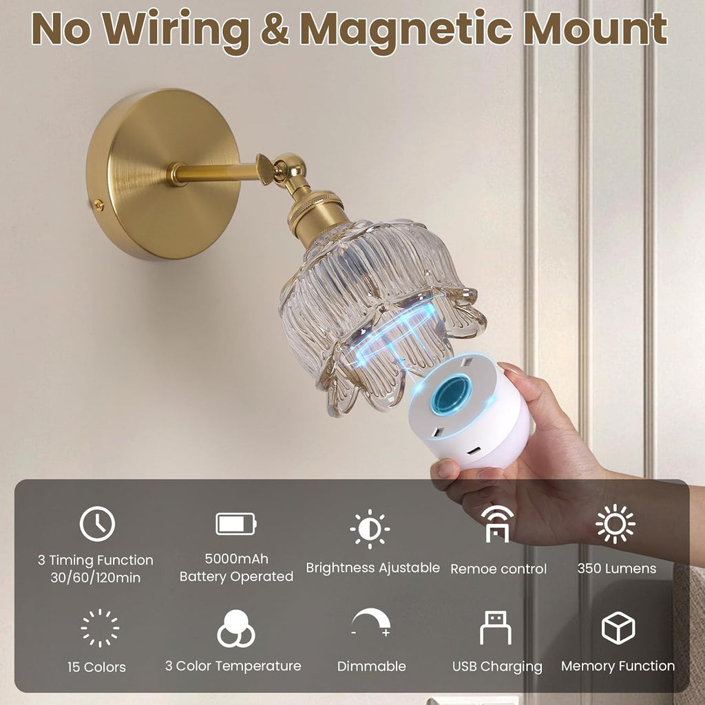 Vintage Battery Operated Wall Sconces - 5000mAh Rechargeable Dimmable Lights with Remote Control - Set of 2 Cognac