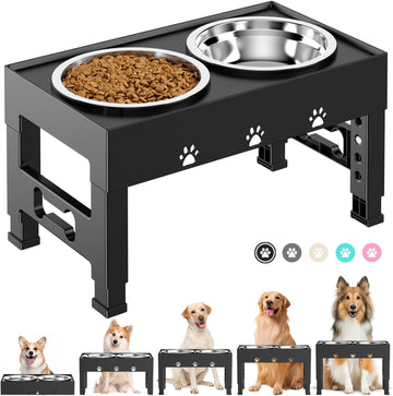 Elevated Dog Bowls with 2 Stainless Steel Bowls, 5-Height Adjustable Stand (3.1", 9" to 12"), for Improved Digestion
