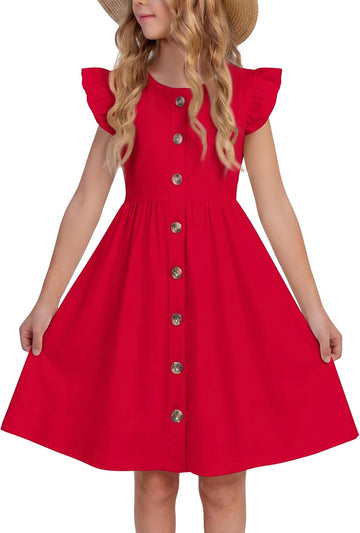 Girls Dress Flutter Sleeve Button Summer Sundress with Pockets