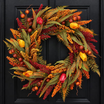 24" Fall Wreath for Front Door, Cattails Berries Thanksgiving Autumn Wreaths