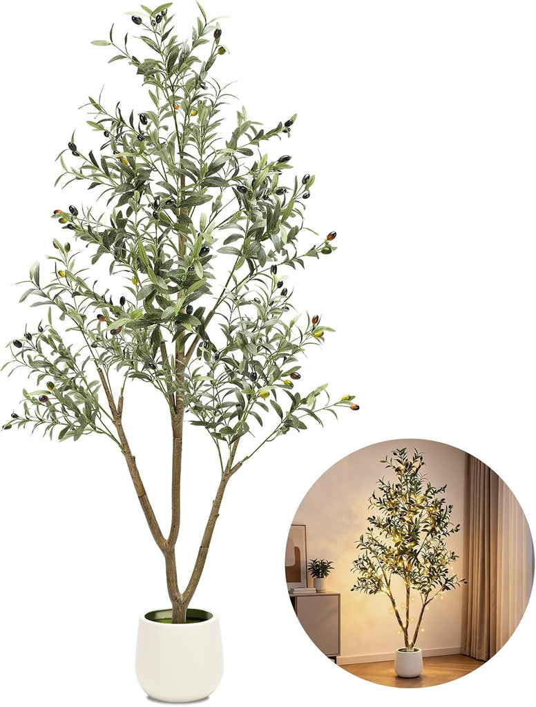 6FT Artificial Olive Tree Indoor with Lights & Planter, Realistic Faux Olive Trees with Lifelike Fruits Decor, Tall