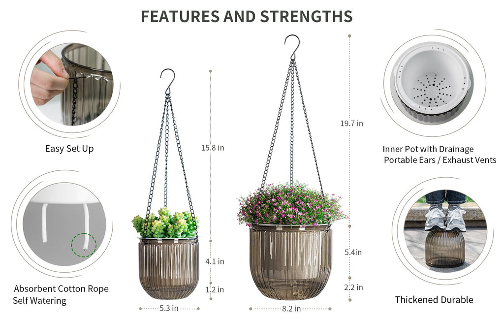 5.2/8.2 Inch 2 Pcs Self Watering Hanging Planter Indoor Plant Pots Drainage Holes, Outdoor Small Hanging Planters