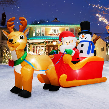 6.6FT Long Christmas Inflatables Santa Claus on Sleigh with Snowman & Reindeer Outdoor Decorations, Giant Xmas Blow