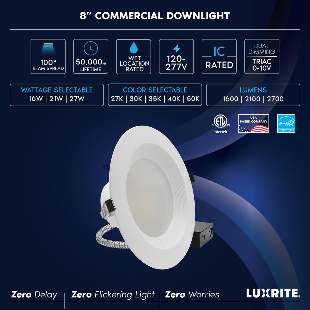 8 Inch Commercial LED Recessed Light, Canless Downlight with J-Box, 5CCT 2700K-5000K, Dimmable, 16/21/27W