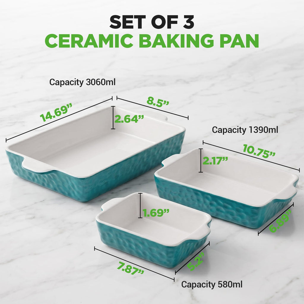 3-pc Casserole Dish Set for Oven, Ceramic Lasagna Baking Dishes, Deep Serving Dish with Handles - Aqua, (14.7"