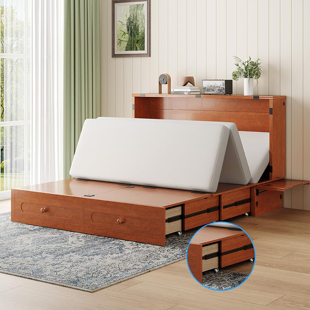 Queen Murphy Bed with Mattress Included, Folding Convertible Bed, Hideaway Cabinet Bed with Storage Drawer & USB