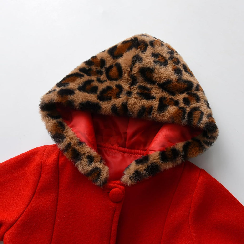 Toddler Baby Girl Fleece Jacket Long-sleeve Button Leopard Hooded Wool Blend Coat Outerwear