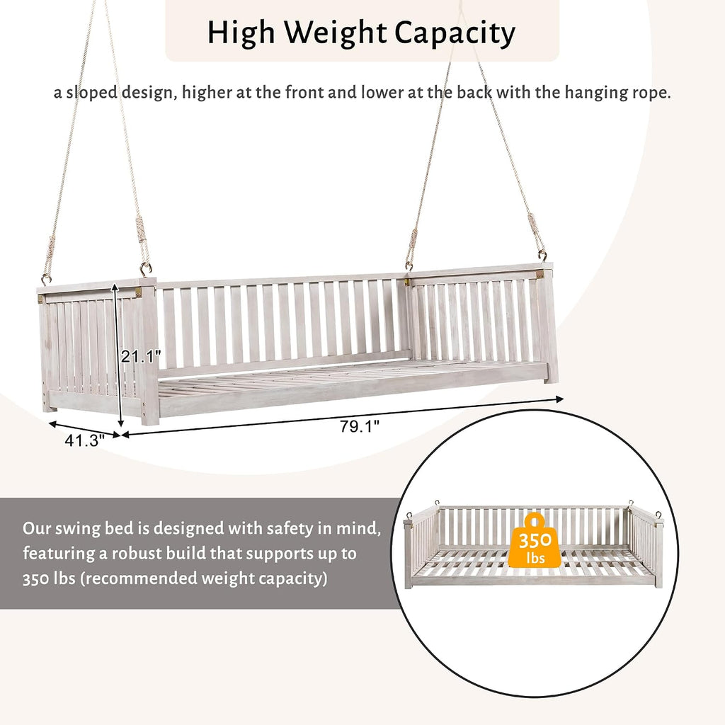Twin Size Acacia Wood Porch Swing Bed with 4 Heavy Duty Ropes,Hanging Daybed Swing Bench for 2 People, 350 LBS