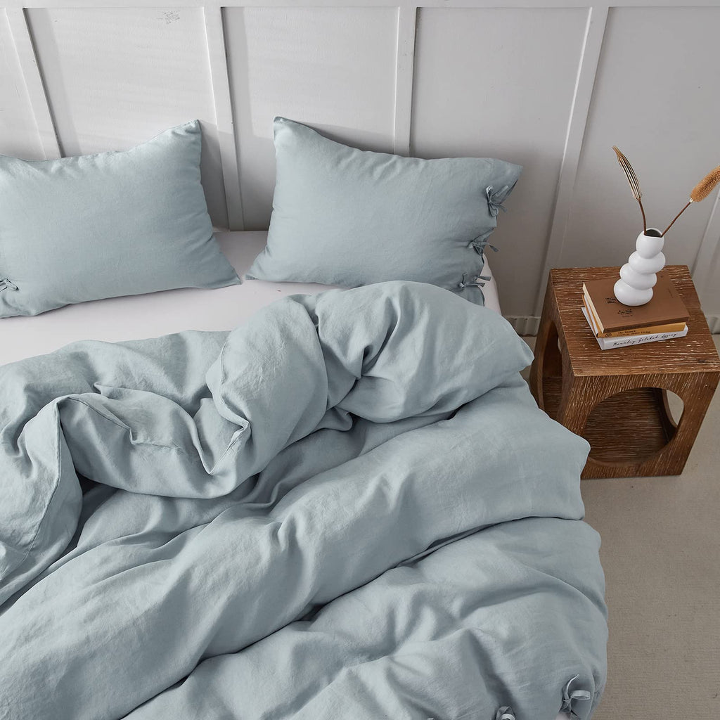 100% Linen Duvet Cover Set 3pcs with Bowknot Ties Closure Natural French Washed Flax Solid Color Soft Breathable