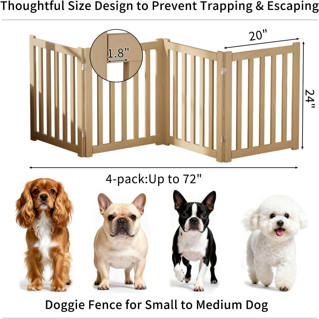 4-Panel Solid Wood Dog Gate - Freestanding Folding Pet Gate for Doorways, Stairs, Indoor, 24" Height, No Installation
