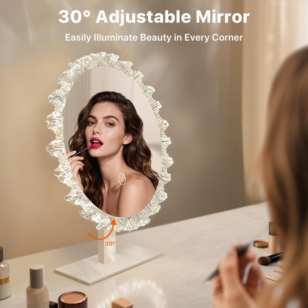 Round Vanity Mirror with Lights, 16" Crystal Frame, Touch Control