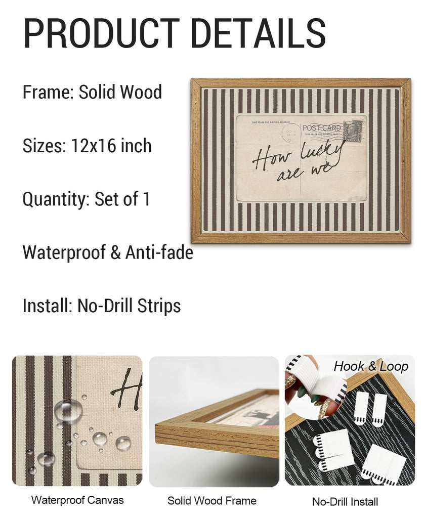 How Lucky Are We Wall Art, Wood Framed Postcard Poster with Positive Quote, Western, Old Money Brown Striped Decor