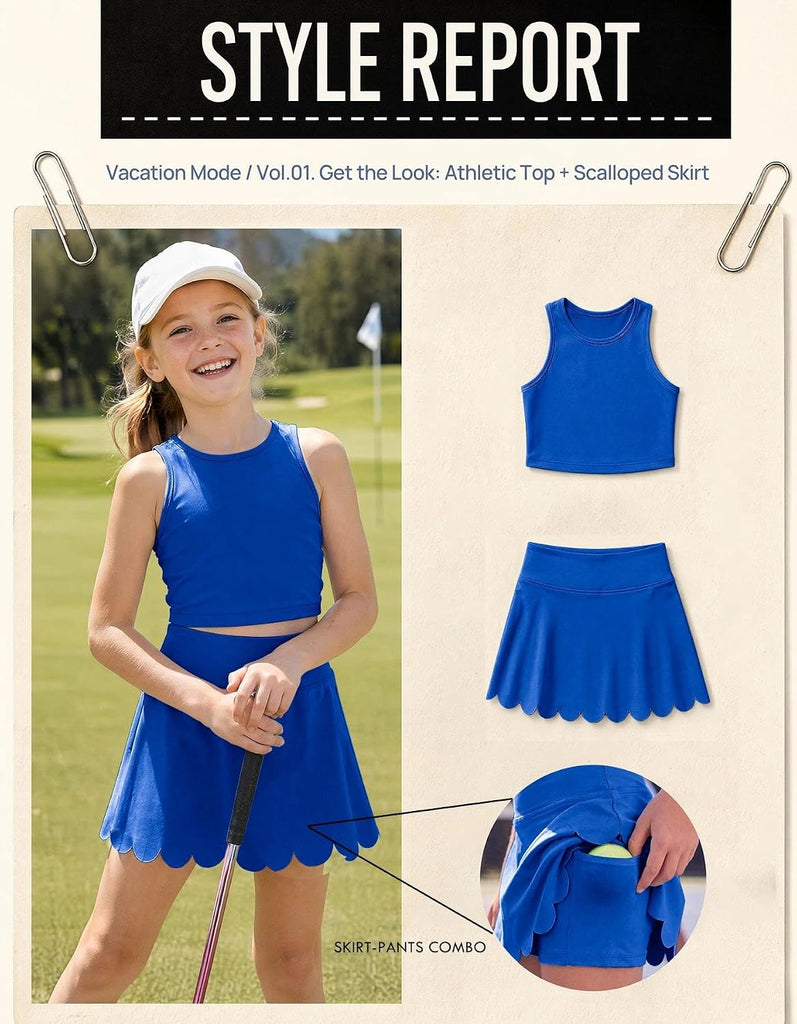 Girls 2 Piece Outfits Crop Tank Tops And Skort With Pockets Kids Athletic Clothing Sets