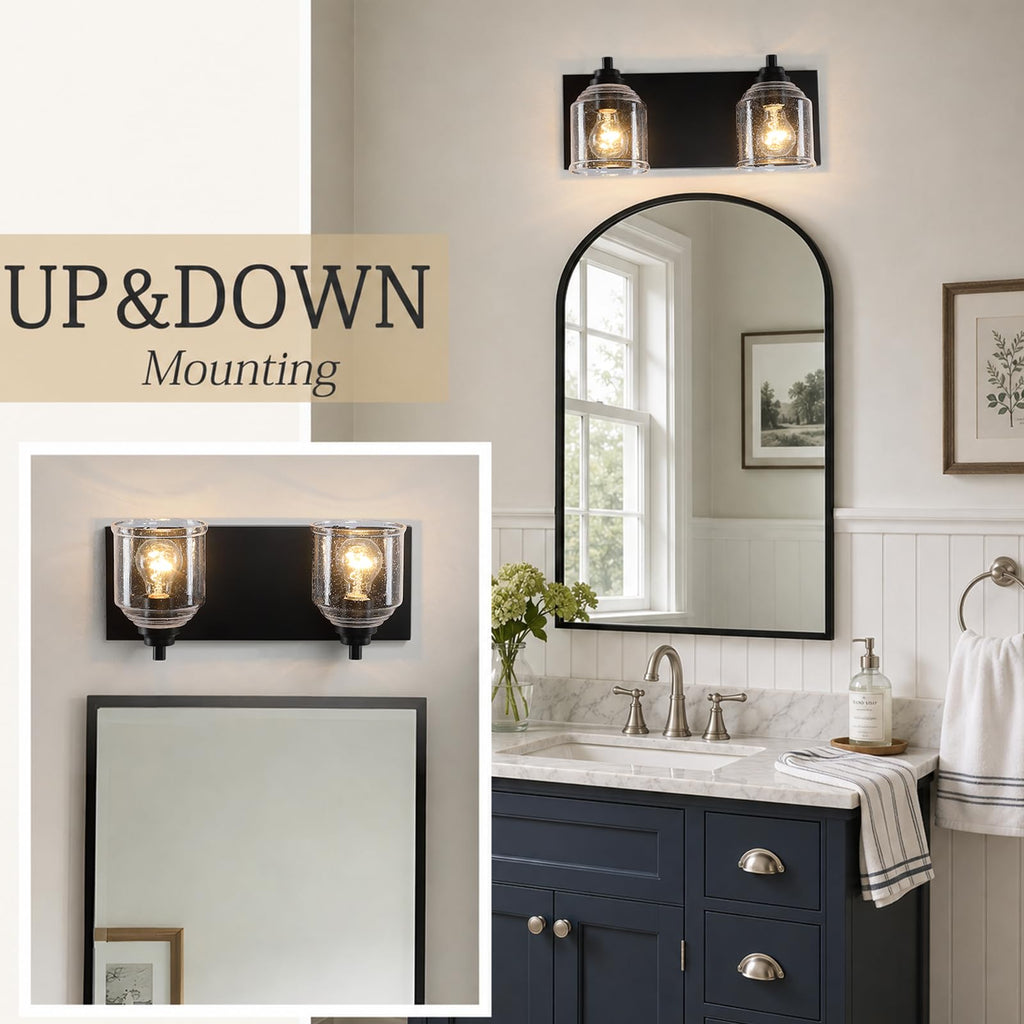 16" 2-Light Farmhouse Bathroom Vanity Light with Bubble Glass, Black