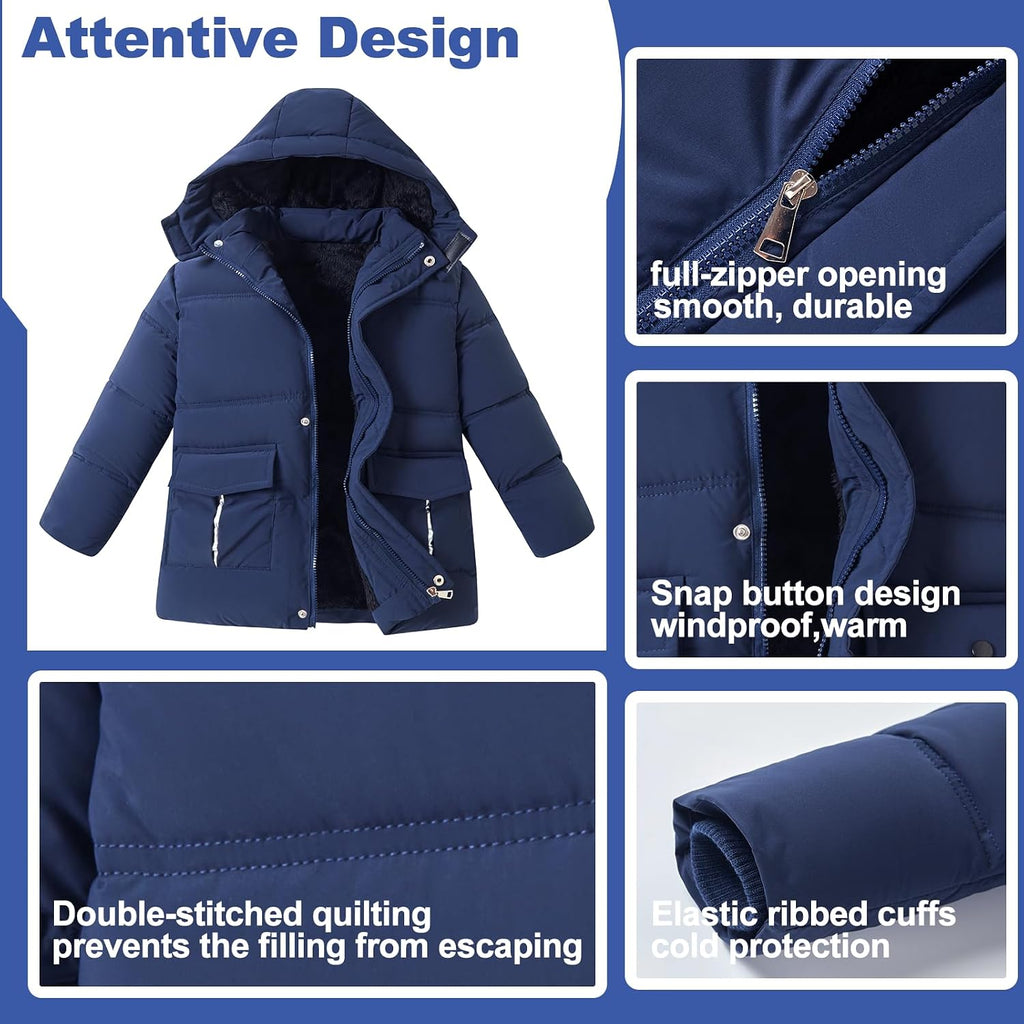 Boys Winter Coat Kids Warm Jacket Wind Water-Resistant Puffy Coats Outwear Toddler Hood Fleece Inner