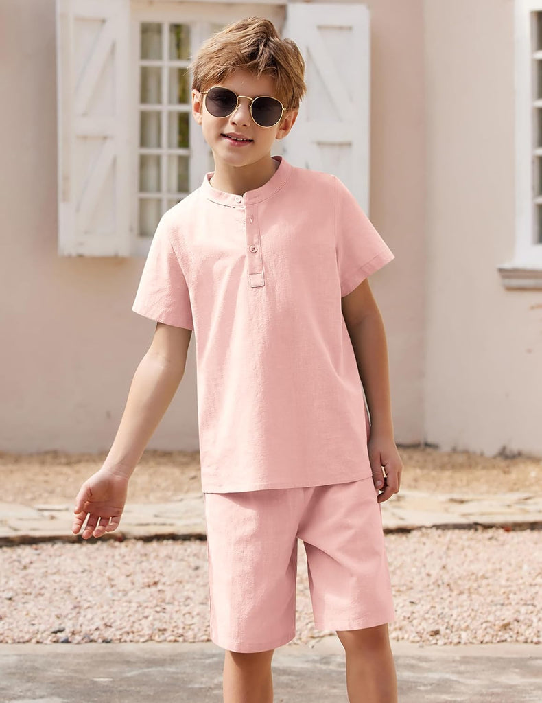 Boy's 2 Pieces Cotton Linen Set Casual Henley Shirts Short Sleeve Beach Shorts Summer Outfits