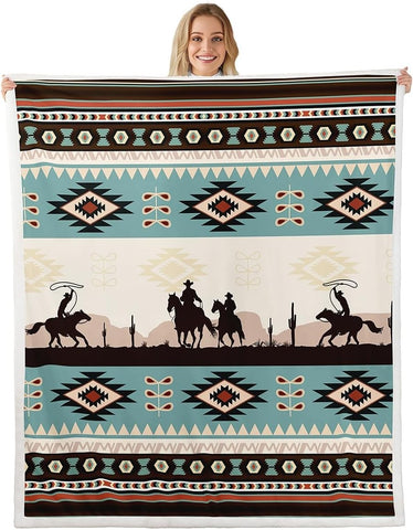 Western Cowboys Plush Throw Blanket,Boho Aztec Ethnic Flannel Fleece Blanket for Boys Girls Teens All Season,Bohemia