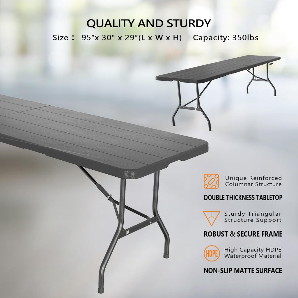 8 Foot Plastic Folding Table Portable Long Table for Indoor Outdoor Use Rectangular with Carrying Handle, Black