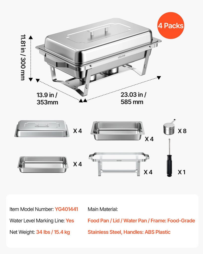 4 Packs Chafing Dishes for Buffet Set, 9QT Stainless Steel Chafer