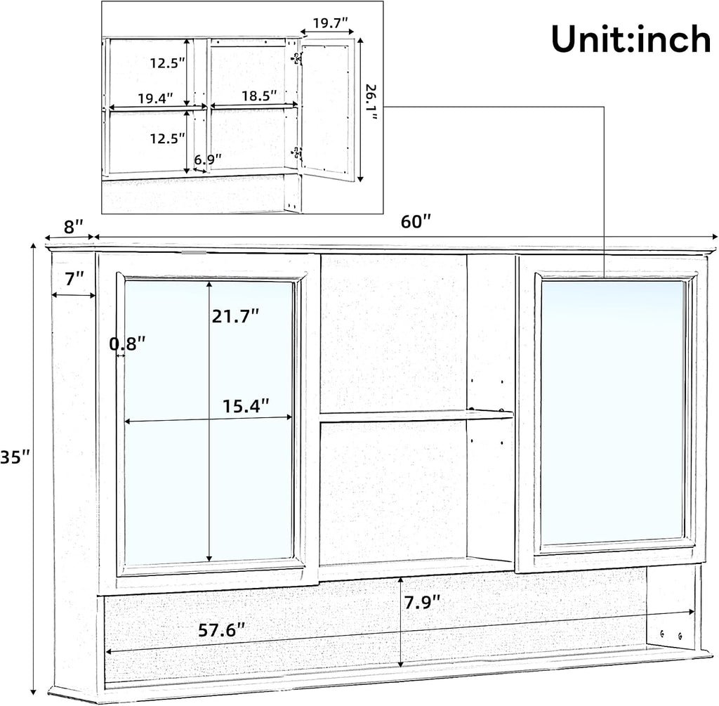 Large Bathroom Medicine Cabinet 60" x 35", Double Mirrored Doors Bathroom Mirror with Storage Shelves, Wall Mounted