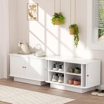 Fluted Shoe Storage Bench, 63" W Long Entryway Bench with Sliding Door, Mud Room Benches with Seat, Upholstered